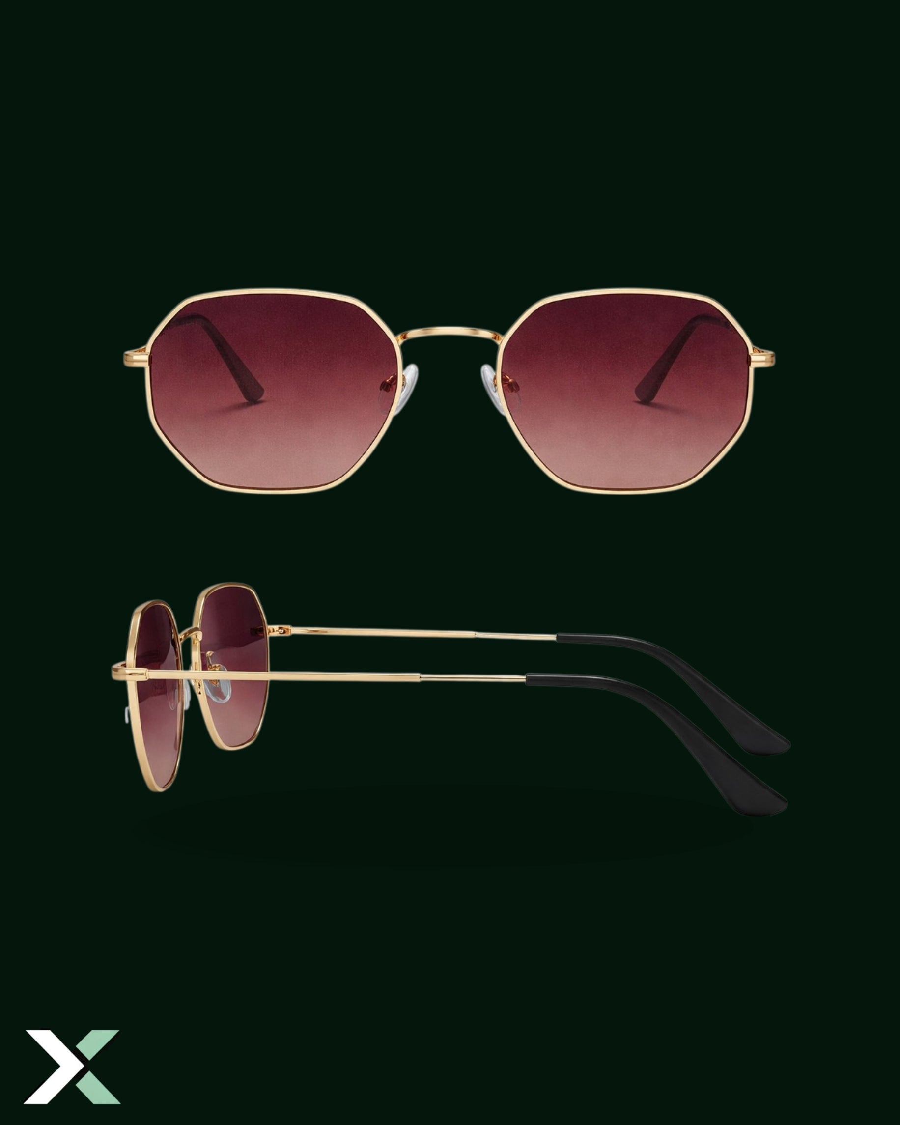 Xcess Polarized Burgandy-Gold Hexagon Sunglasses.