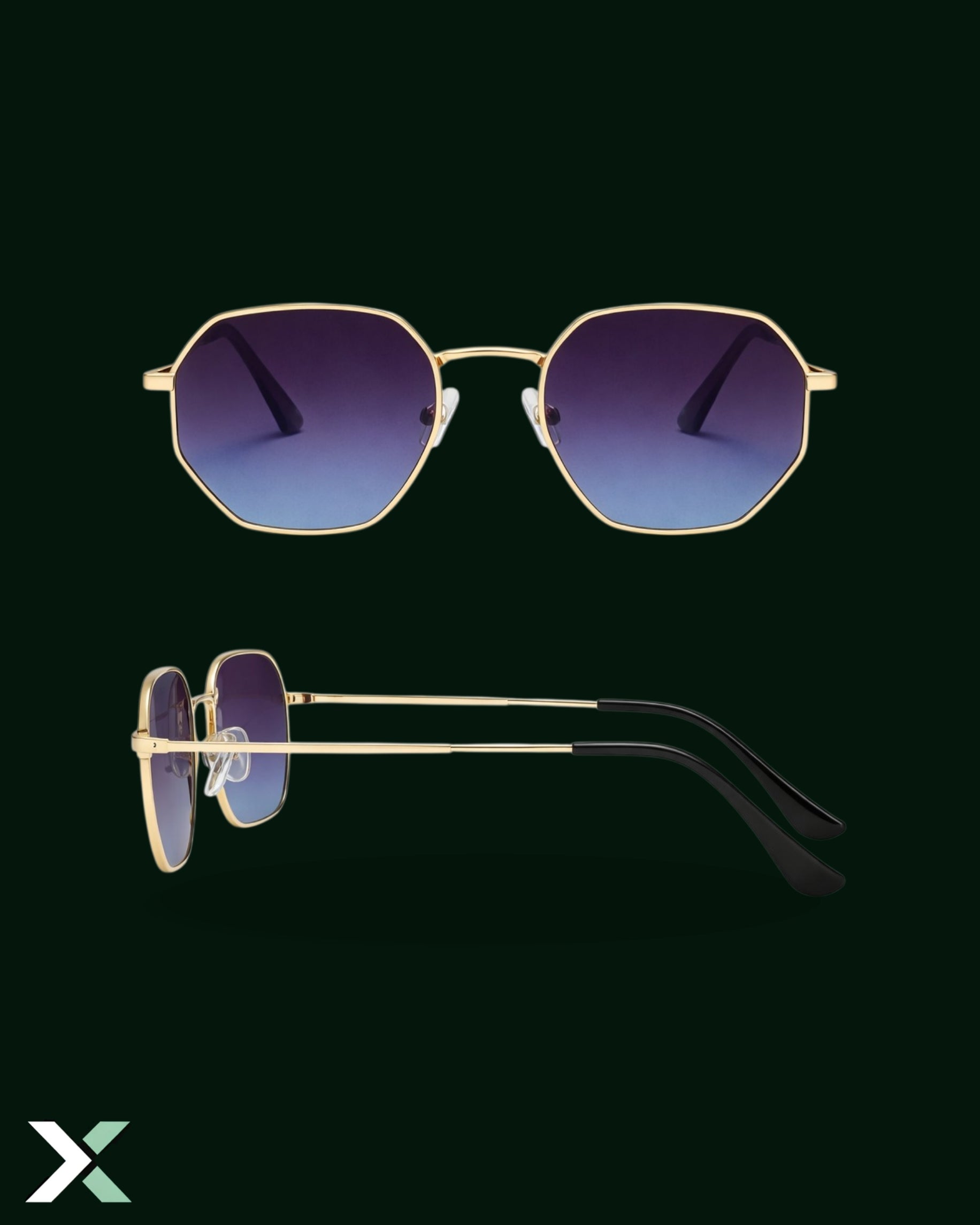 Xcess Polarized Midnight-Gold Hexagon Sunglasses.